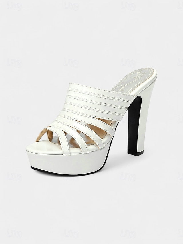 Heels Open-Toe - White Mule Strappy Platform Women's