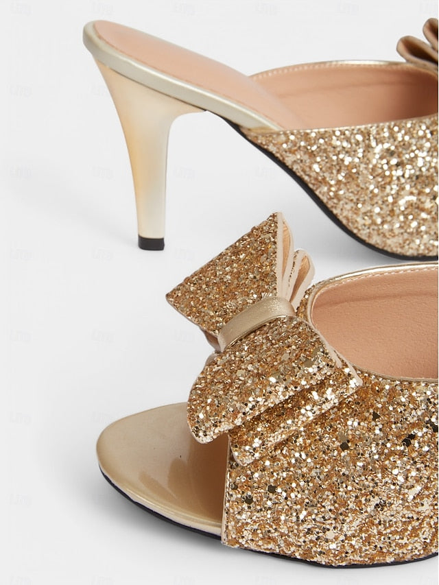 Glitter – Party Gold Women's Glamorous Bow Mules Stiletto