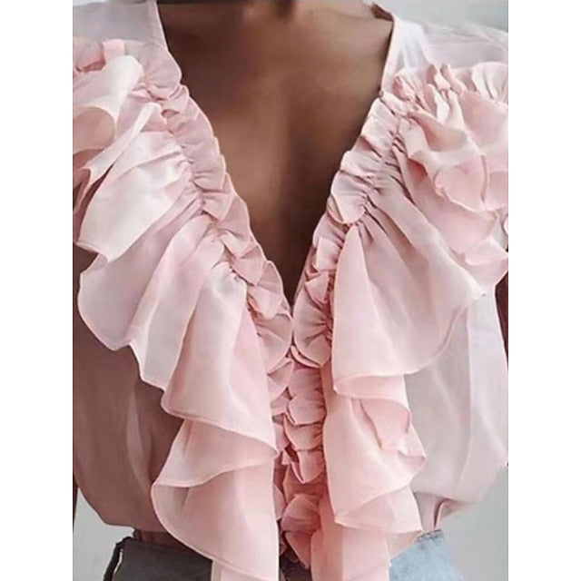 Women's Shirt Button Down Blouse Solid Color Floral Plain