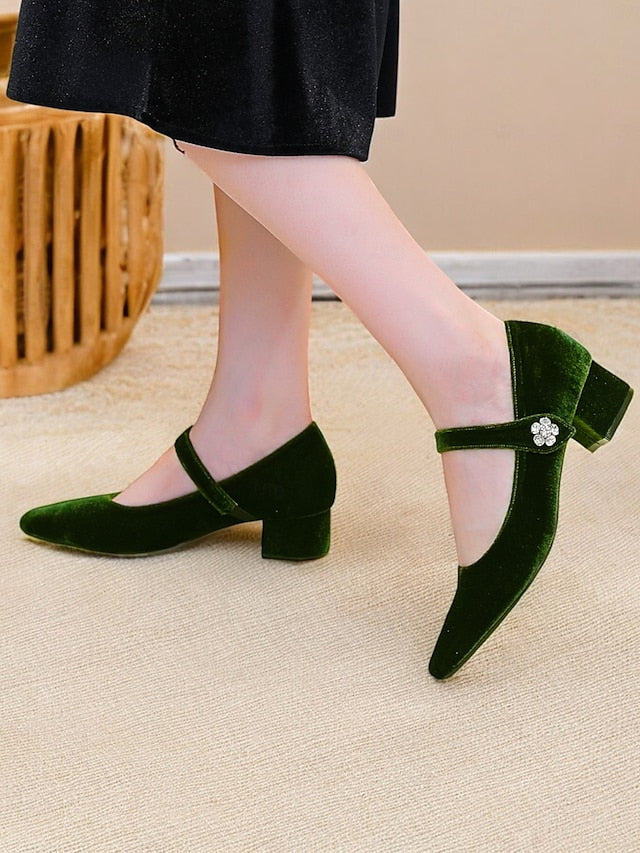 Green Women's Mary - Jane Block Toe Velvet Pumps Square