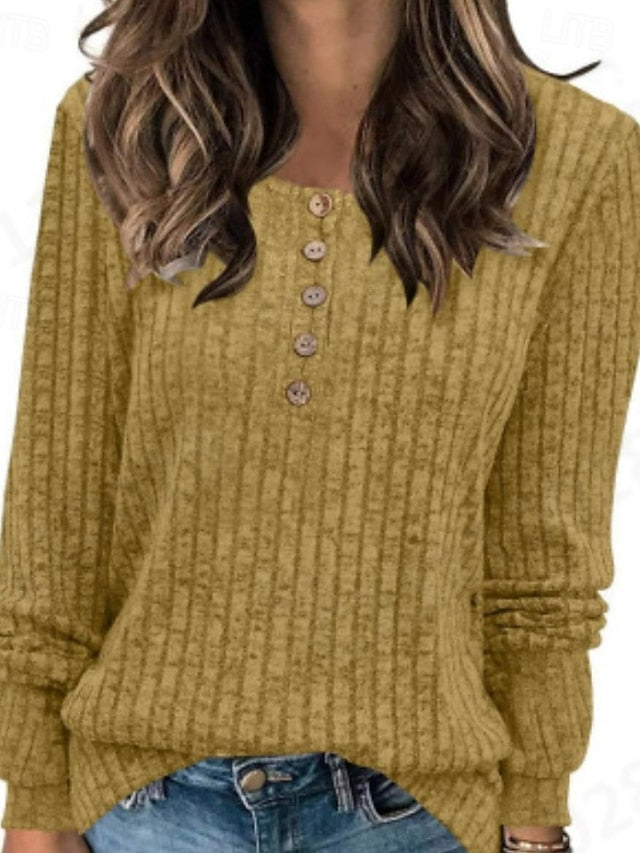 Women's Blouse Buttons Knit Solid Color Stylish Casual Long