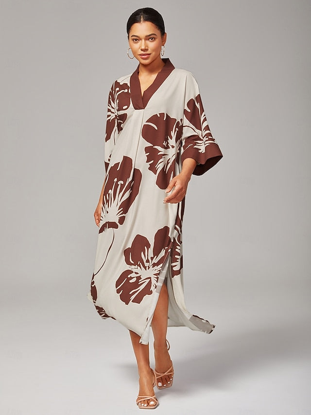 Women Female Casual Dress Brown Short Sleeves 3/4 Sleeve Floral