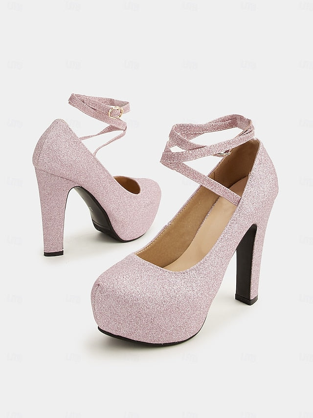 Women's Platform Strap Pink Glitter – with Ankle Heels