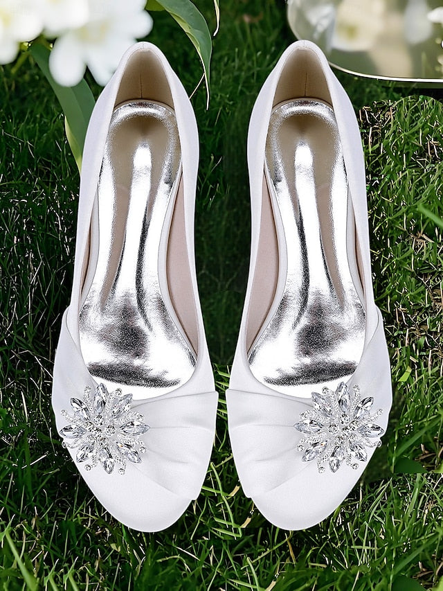 – White Satin Elegant Flats Crystal Women's Wedding