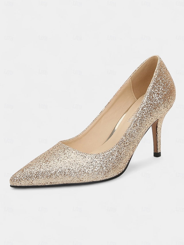 Women's Stiletto Sparkly Pumps Gold Pointed-Toe Glitter -