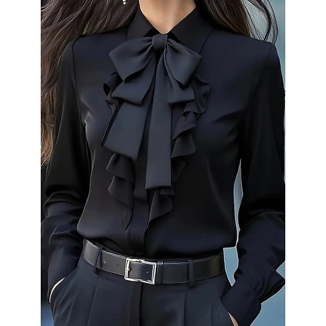 Women's Dress Shirt Blouse Ruffle Bow Solid Color Elegant