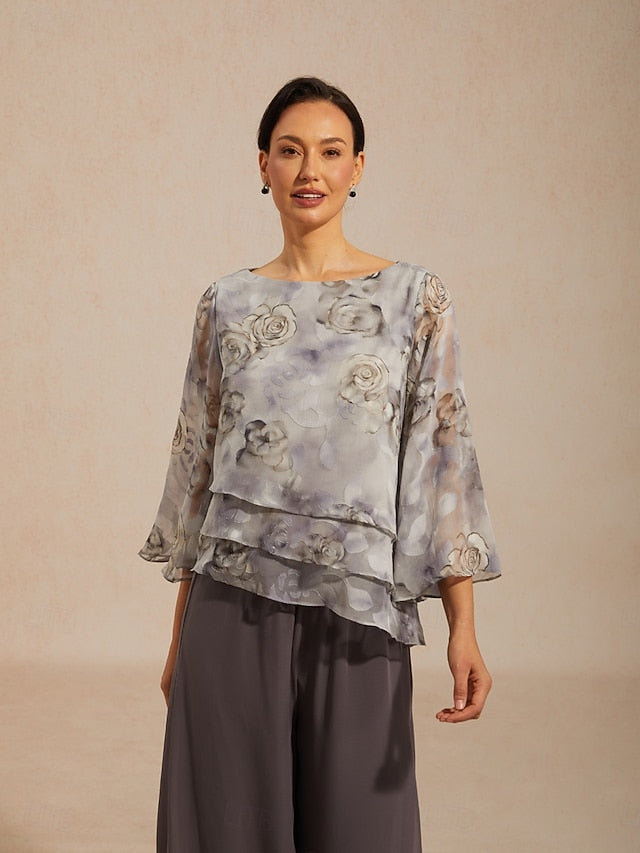 Women's Chiffon Tops Lace up Floral Elegant 3/4 Length