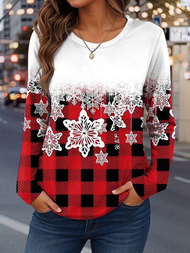Women's T Shirt Print Graphic Plaid Snowflake Vintage