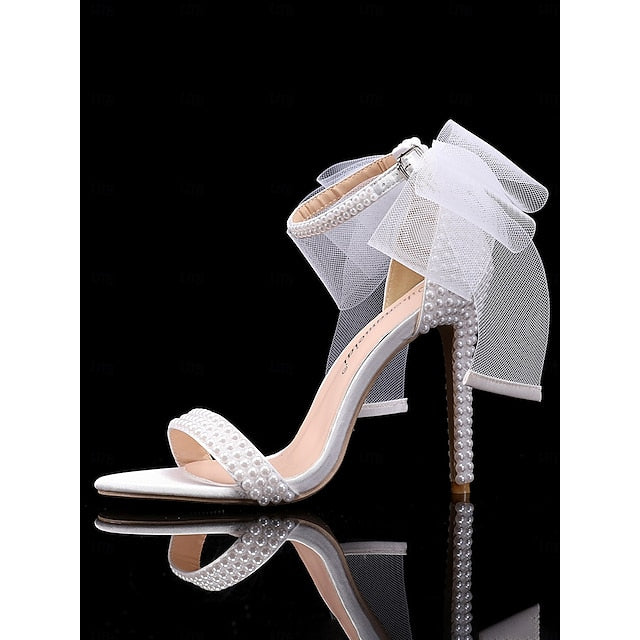 Heels Embellished and Women's White with Pearl Wedding Bow