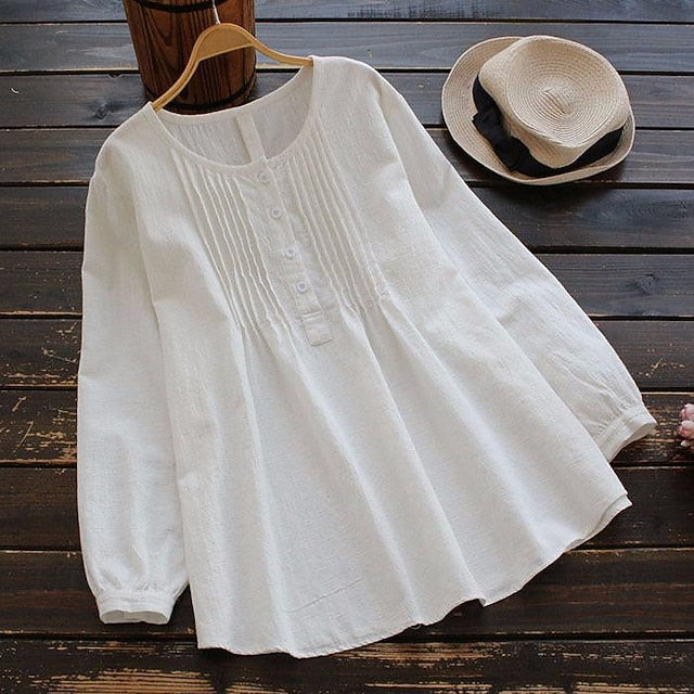 Women's Shirts Long Cotton Top Faux Cotton Linen White