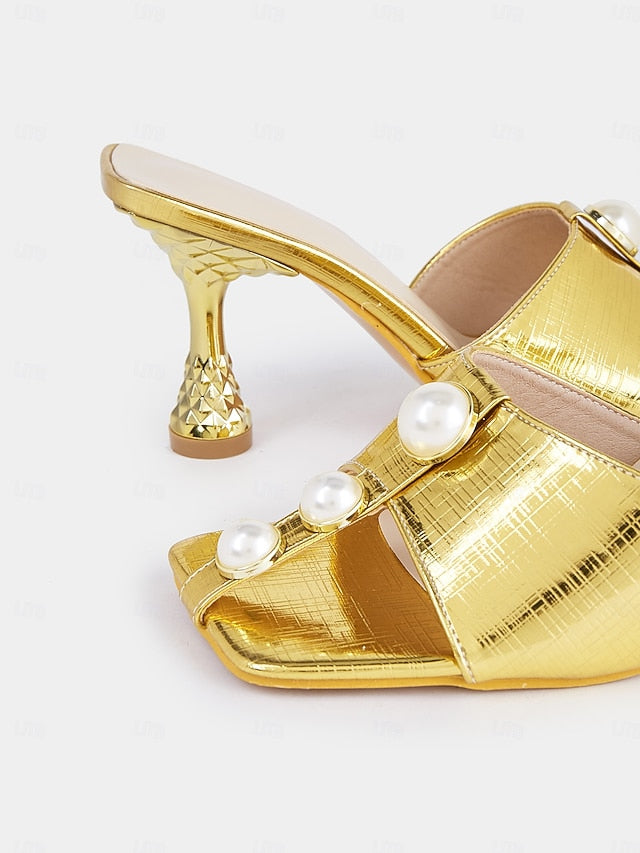 Gold Mules Pearl Elegant – Women Detailing for with Open-Toe