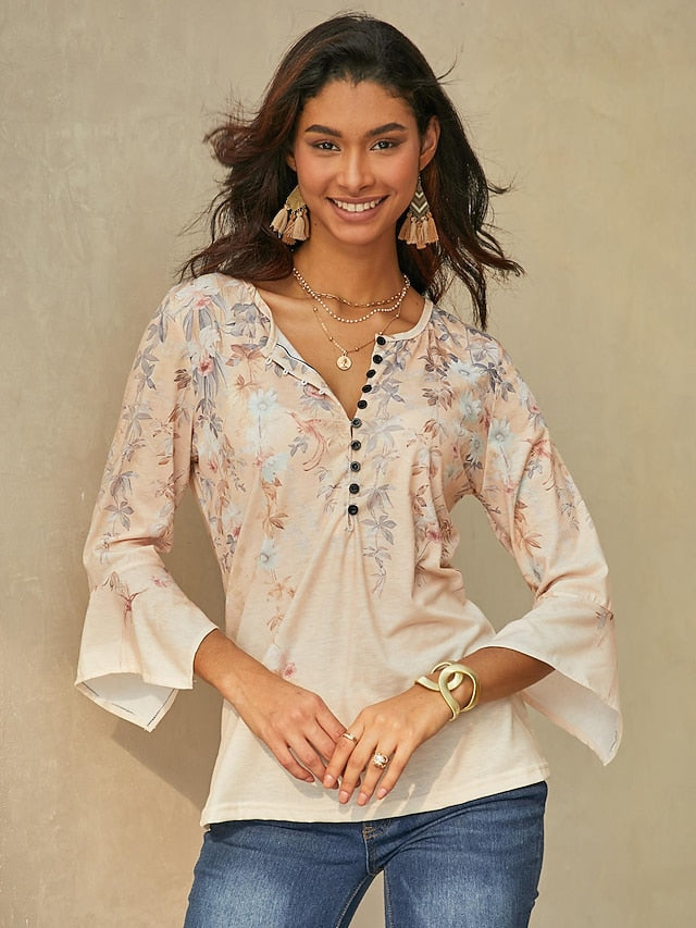 Women's T Shirt Basic Floral Buttons Print 3/4 Length