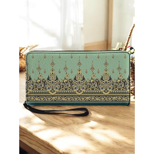Pochette-bracelet – Portefeuille bohème à imprimé floral en cuir vintage