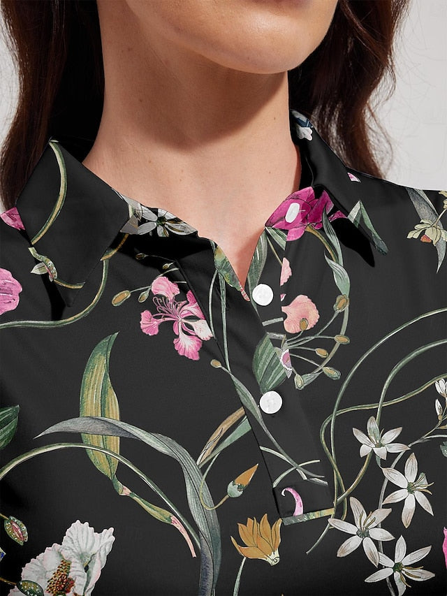 Women's Golf Polo Shirt Black Short Sleeve Top Floral