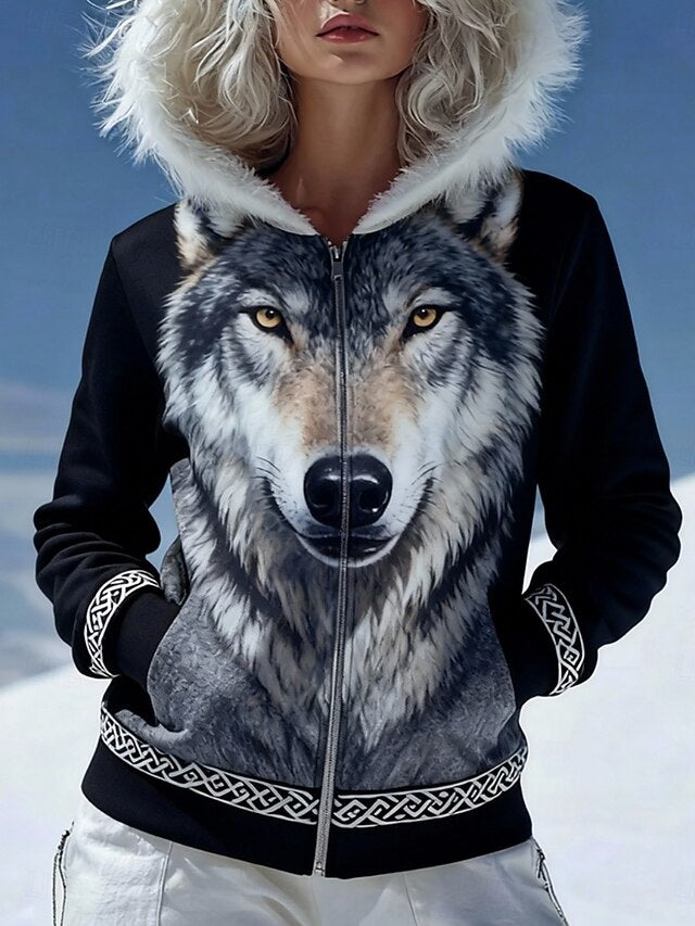 Women's Viking Zip Up Hoodies Graphic Animal Vintage Casual