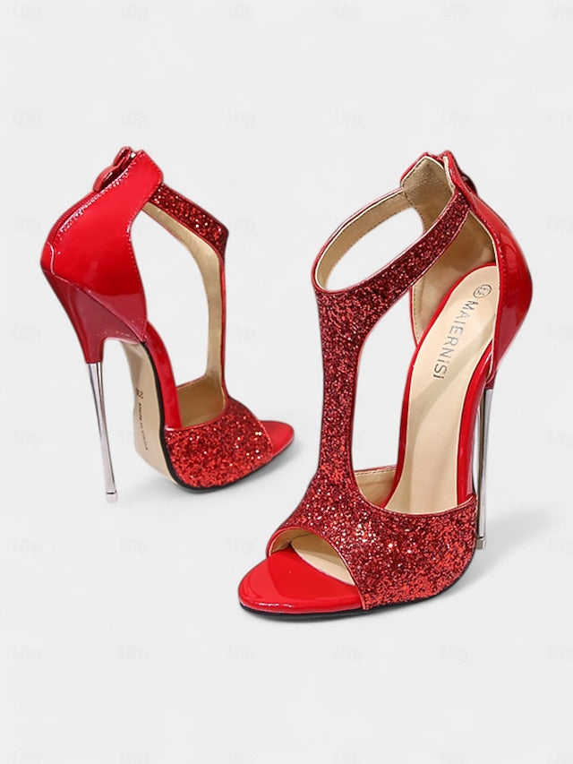 Stiletto Open Gold Heels and Toe for T-Strap with Design Glitter