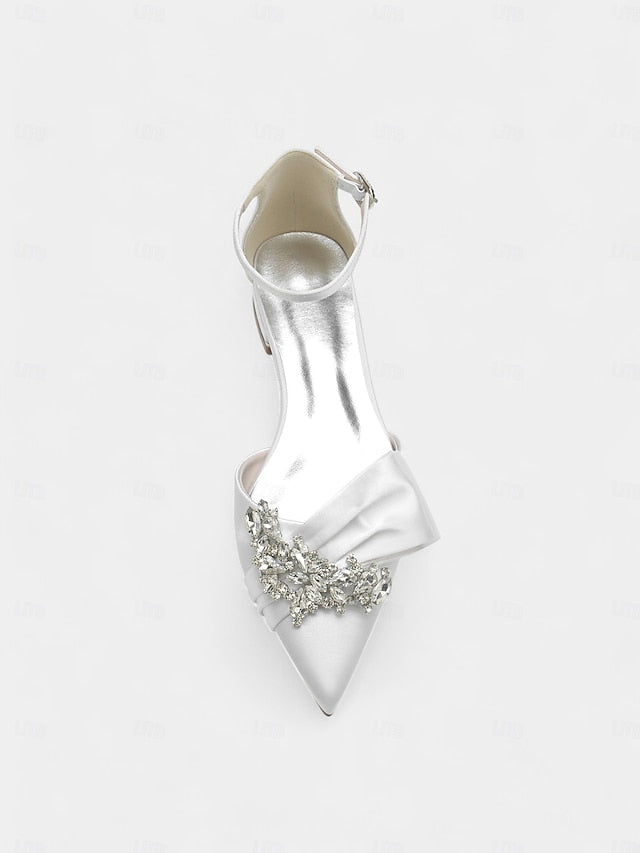 with Pointed-Toe Heels White and Rhinestone Satin Ankle Bow