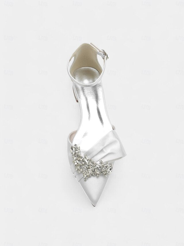 Rhinestone Satin Pointed-Toe Ankle White and Heels with Bow