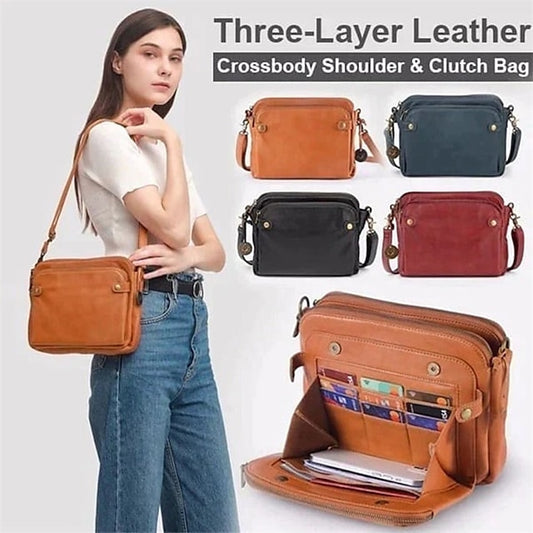 Sac à bandoulière vintage en cuir à trois couches pour femme