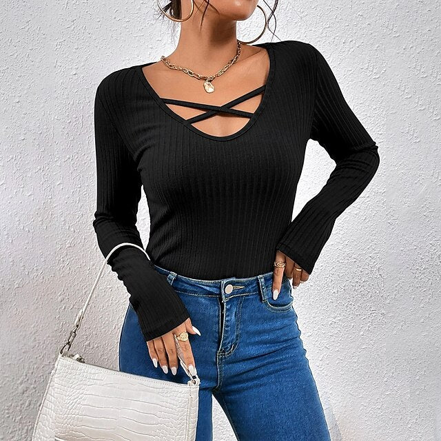 Women's Petite Ribbed Knit Tops Cut Out Cross Fashion Sexy