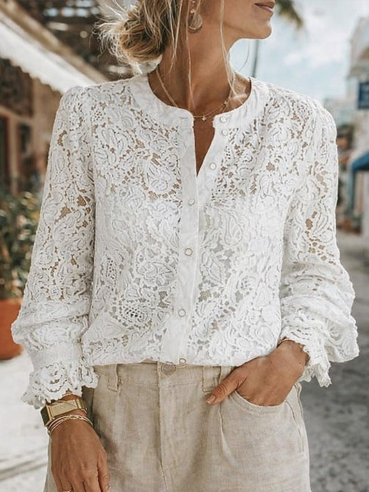 Women's Blouse Lace Buttons Solid Color Stylish Casual Long