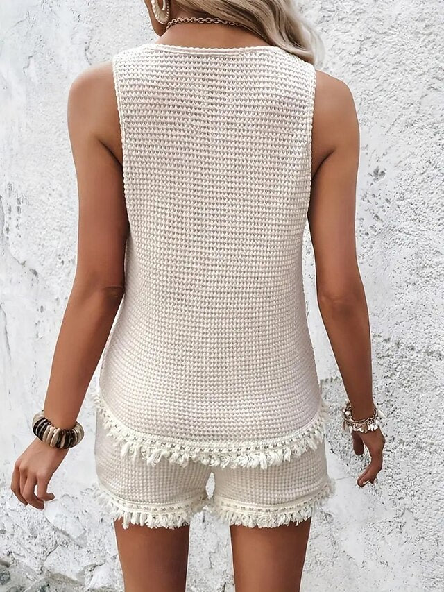 Women's Shorts Sets Sleeveless Crew Neck Solid Color Tassel