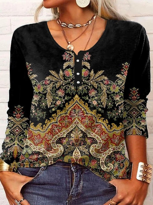 Women's T Shirt Buttons Print Floral Fashion Long Sleeve