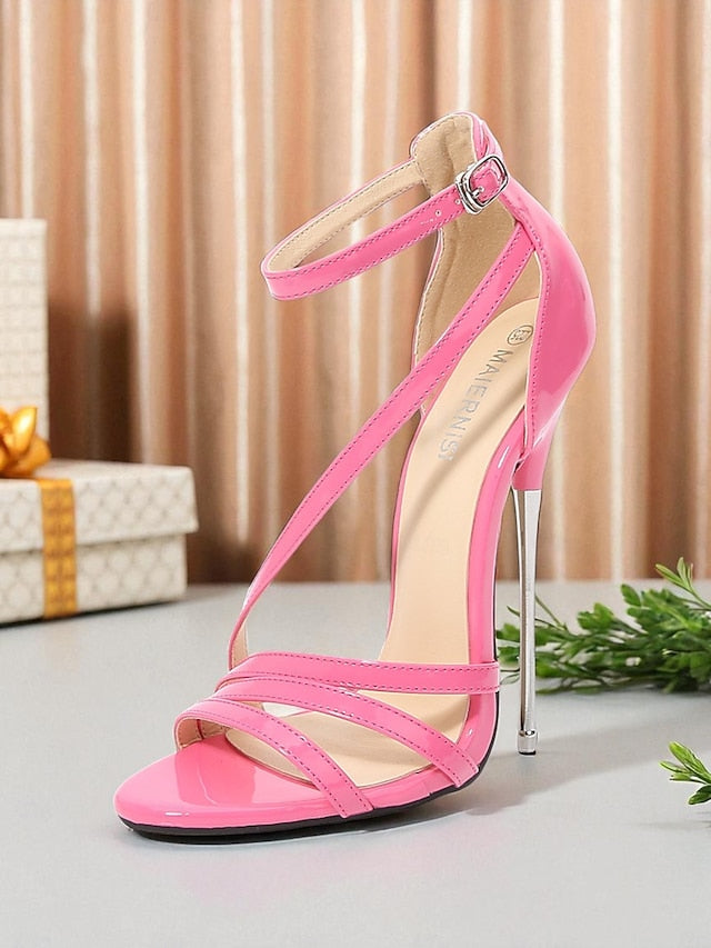 Red Stiletto Strappy High Sandals Heels Patent PU - Women's