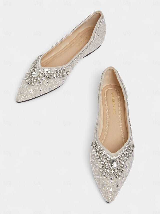 Pointed Toe Flats Silver Women's Glitter with Crystal