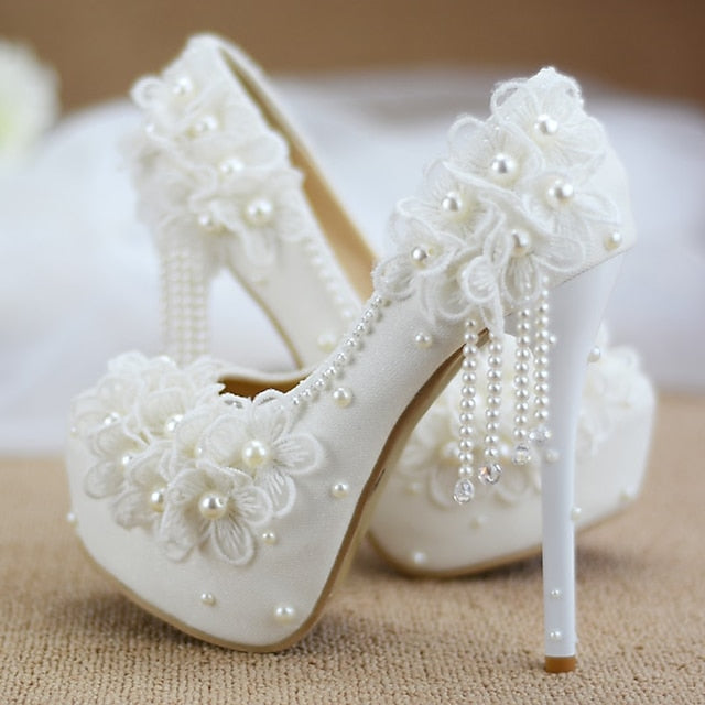 Women's White Lace Floral with Platform Wedding Heels