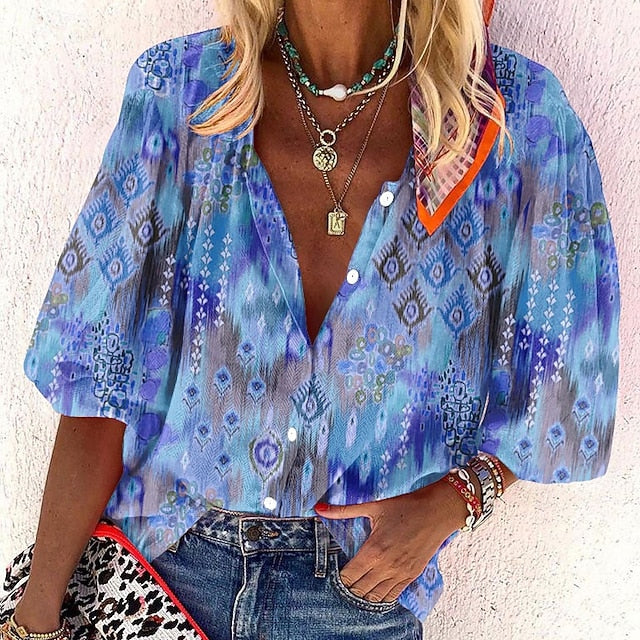 Women's Shirt Basic Buttons Print Long Sleeve Regular Tops