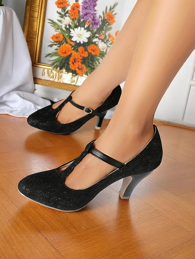 Ivory Heel Women's Mid Vintage Lace T-Strap Pumps-1920s
