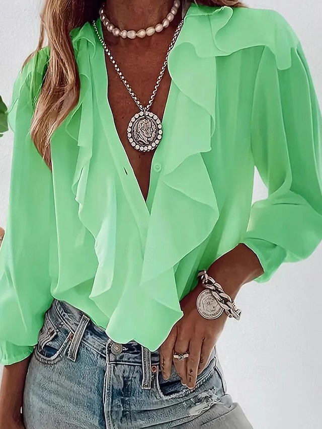 Women's Shirt Blouse Ruffle Plain Elegant Stylish Long