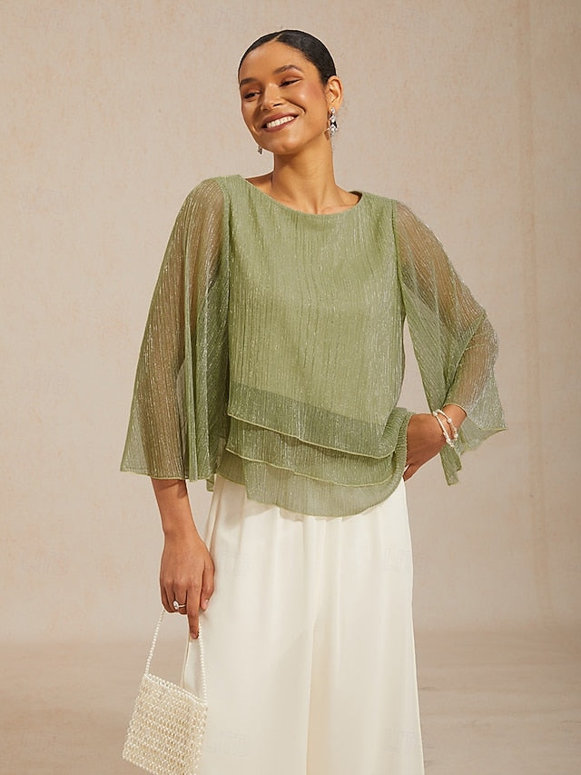 Women's Blouse Chiffon Tops Pleated Layered Metallic