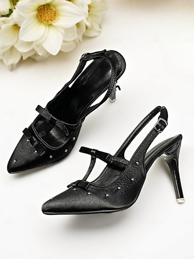 Purple and – Studs Women's Bows Satin with T-Strap Heels