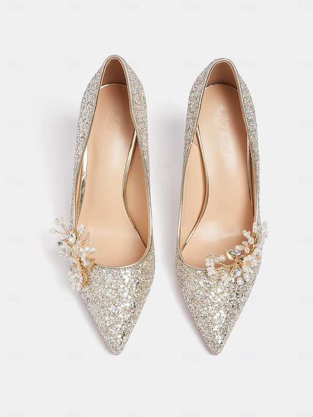 Heels Floral Silver with Women's Glitter Stiletto