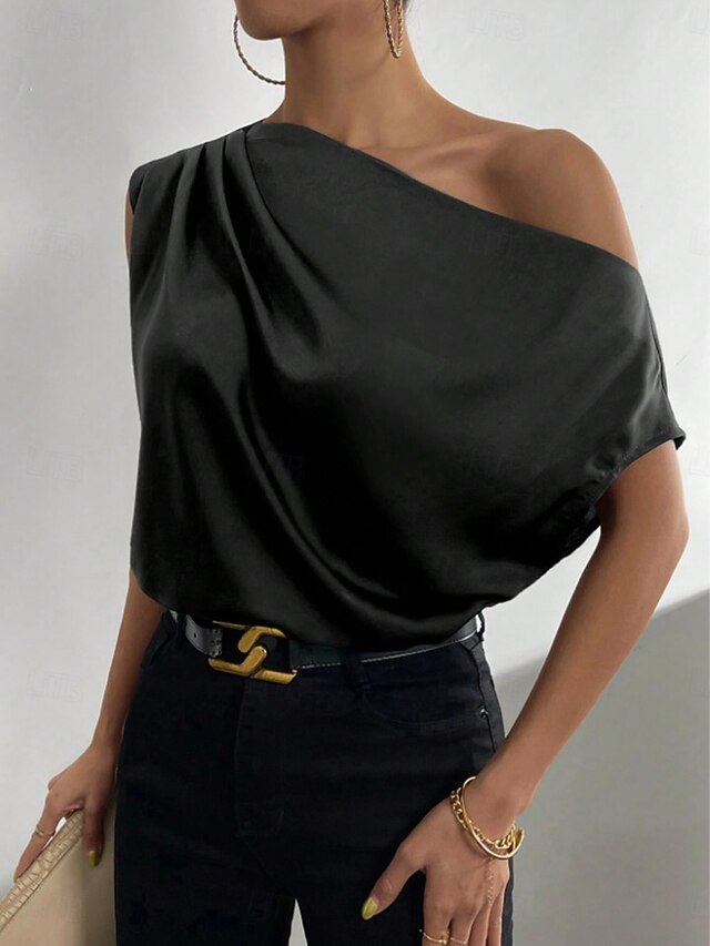 Women's Satin Tank T Shirt Tee Top Asymmetrical Plain