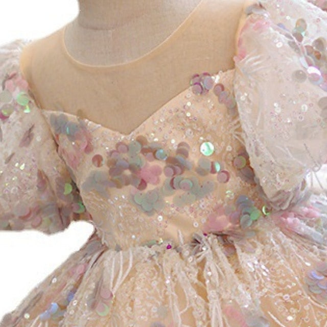 Color Dress Sleeve Party Kids Girls' Solid Short