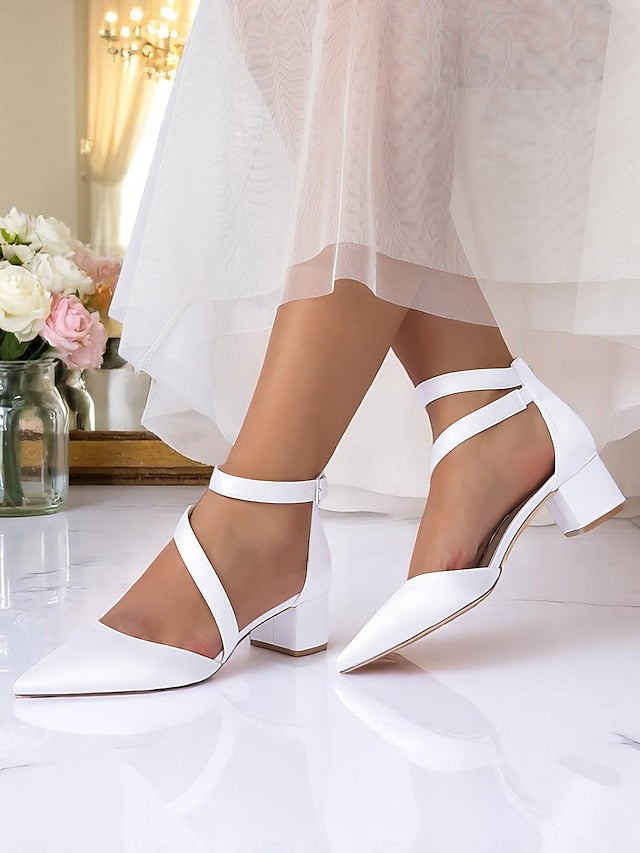 Satin Champagne - Block Toe Women's Heels Pointed