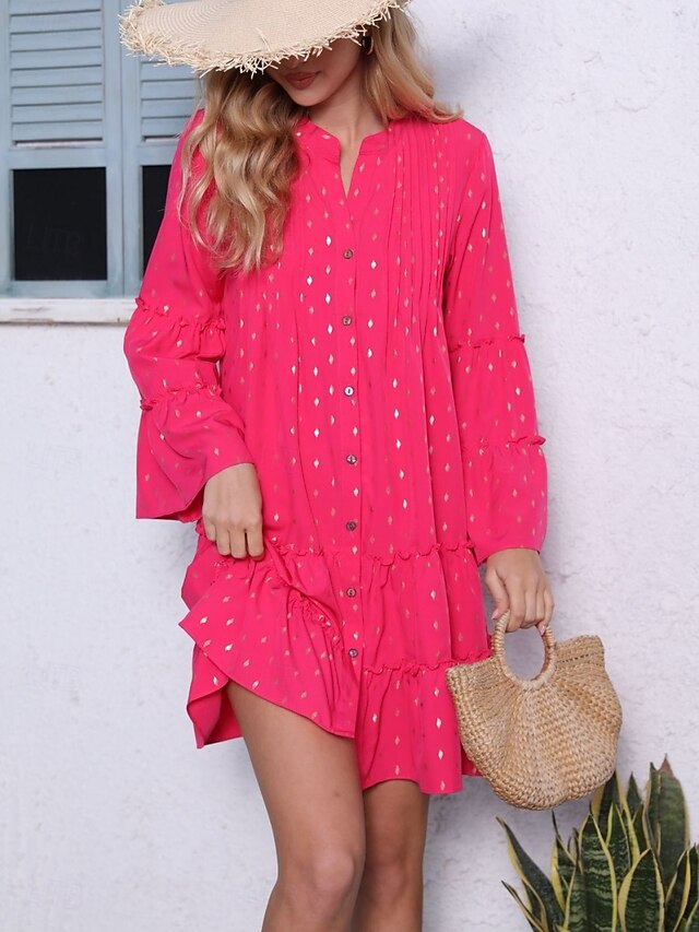 Women's Geometric Stand Collar Mini Dress Long Sleeve