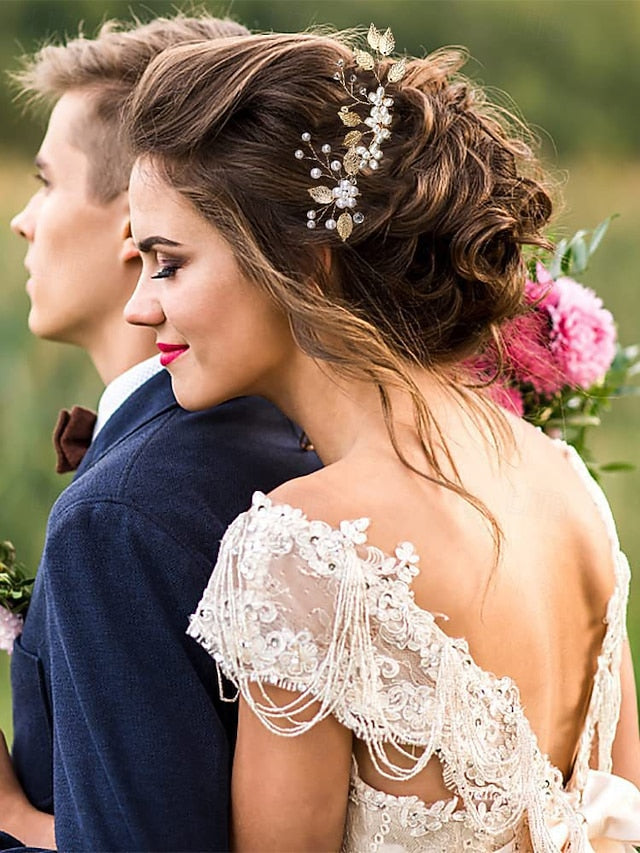 Set Bridal Hair Pearls Leaf with Accessory Gold Silver and Faux