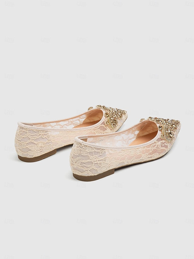 Beige Flats Ornate with Ballet Lace Women's Elegant