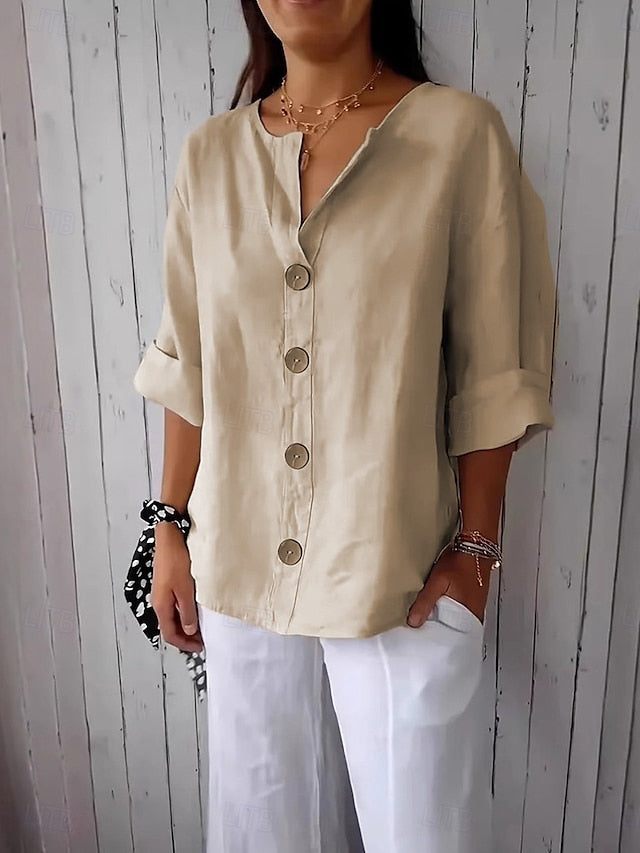 Women's 100% Cotton Shirts Button Up Blouse Buttons Solid