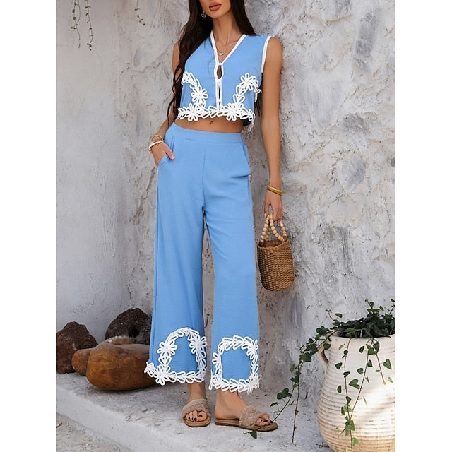 Women's Shirt Pants Sets Sleeveless V Neck Solid Color Lace