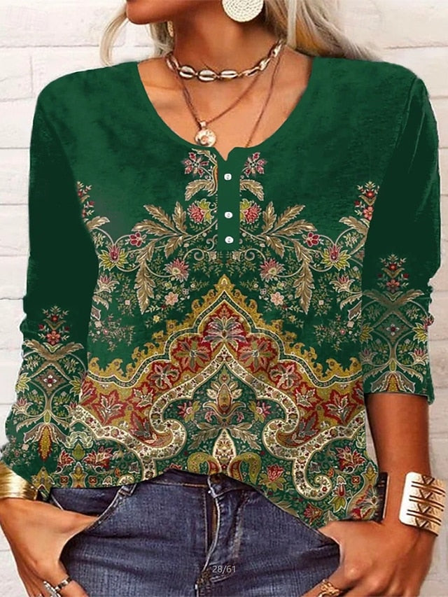 Women's T Shirt Buttons Print Floral Fashion Long Sleeve