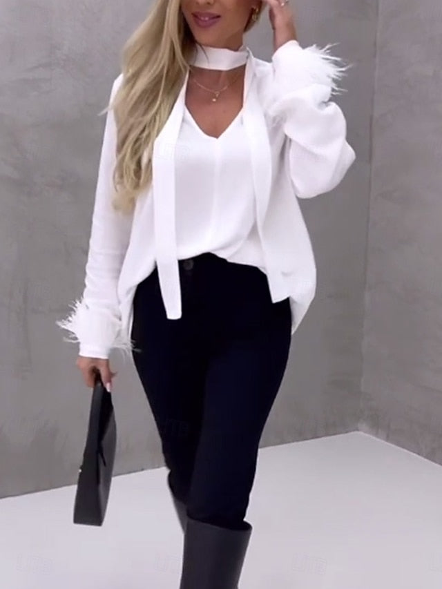 Women's Shirt Elegant Dressy Satin Top Patchwork Solid