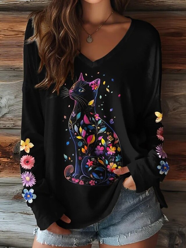 Easter Women's T Shirt Print Floral Graphic Cat Vintage