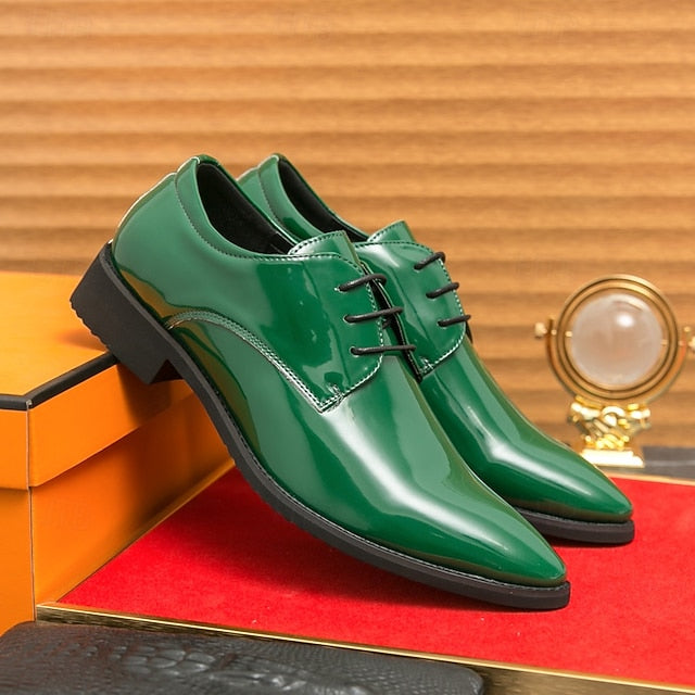 Formal for Green Leather Patent Shoes Glossy Men Lace-Up –