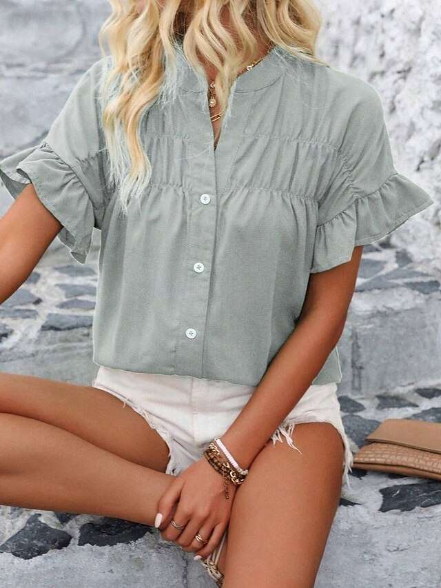 Women's Shirt Blouse Ruffle Buttons Solid Color Stylish