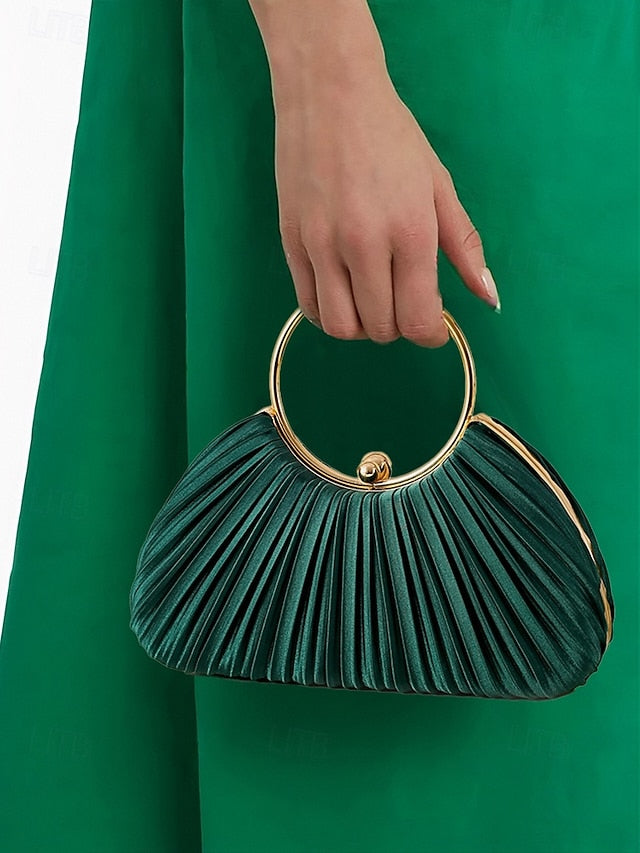 with Elegant Pleated Green Velvet Clutch - Handle Ring Gold